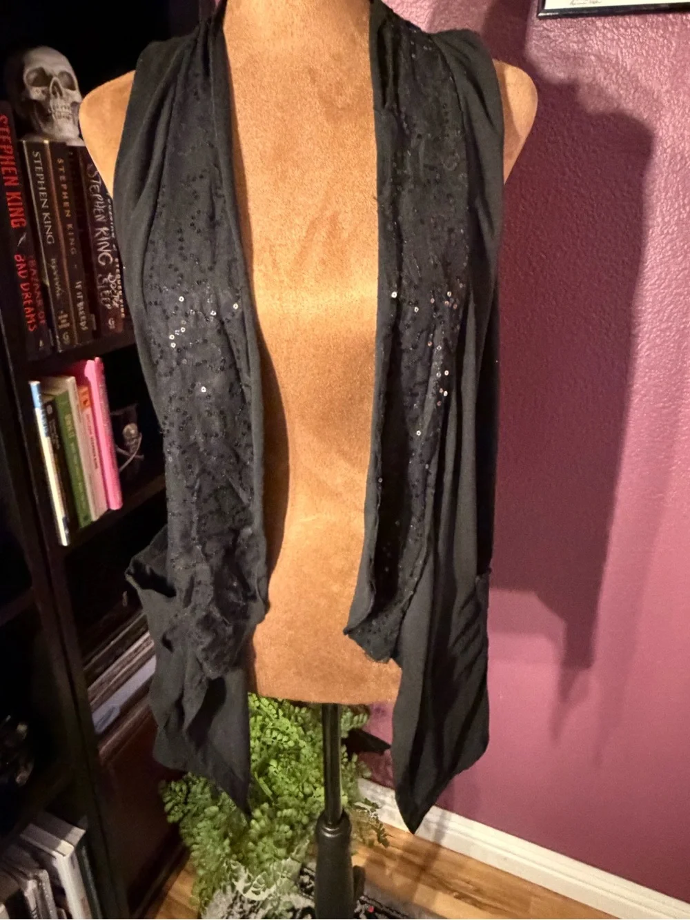 Black Sequin Accent Draped Vest